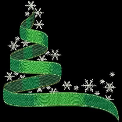 An embroidery design of a green ribbon spiraling upward to form a Christmas tree, adorned with white snowflakes.
