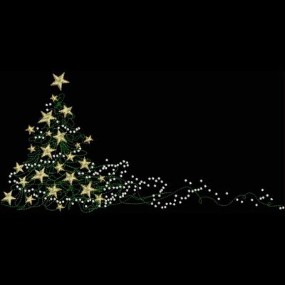 An embroidery design of a festive Christmas tree adorned with gold stars and delicate white beads, featuring flowing green vines.