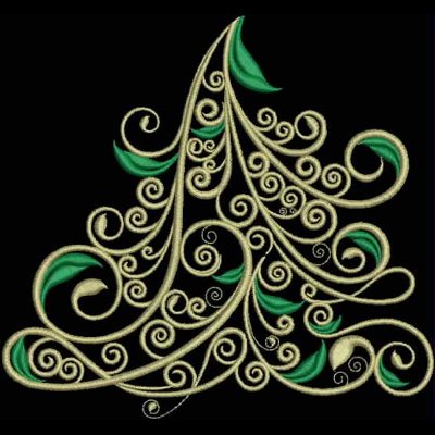 An embroidery design of intricate swirling vines adorned with green leaves, elegantly shaped into a Christmas tree silhouette.