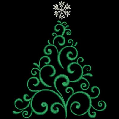 An embroidery design of a swirling green Christmas tree adorned with a delicate white snowflake on top.