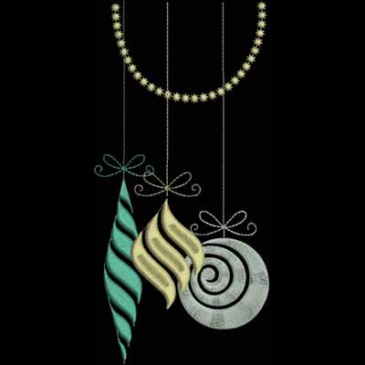 An embroidery design of three elegantly styled hanging ornaments in diverse shapes and colors, complemented by decorative bows.