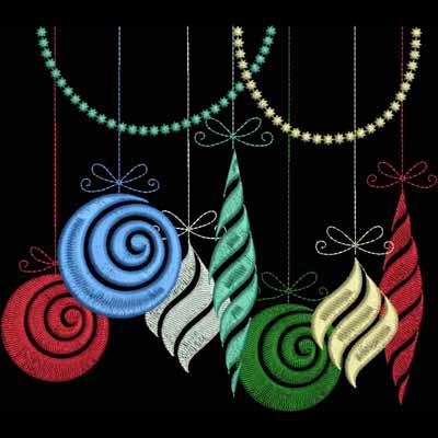 An embroidery design of colorful hanging Christmas ornaments featuring swirls and stripes in red, blue, green, and white.