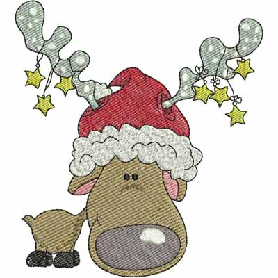 An embroidery design of a cute reindeer wearing a red Santa hat adorned with mistletoe and stars.