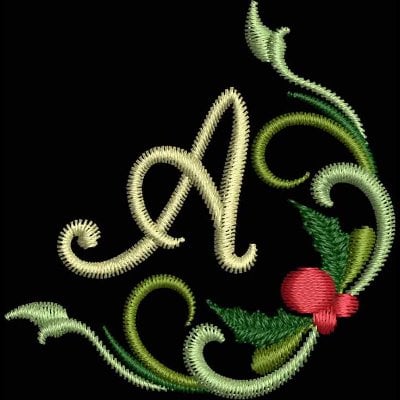 An embroidery design of an ornate letter "A" surrounded by delicate green vines and a red berry accent.