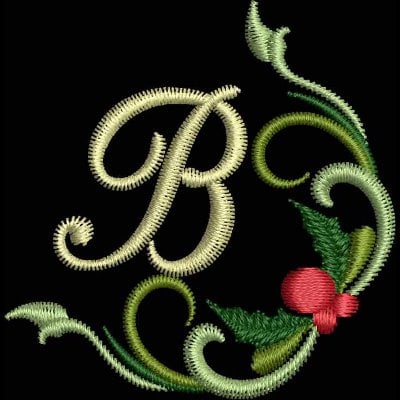 An embroidery design of a decorative letter "B" surrounded by elegant green vines and a red berry.