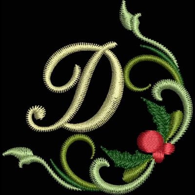 An embroidery design of an ornate letter 'D' surrounded by delicate leaves and a small red berry.