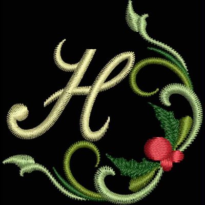 An embroidery design of a stylized letter "H" embellished with swirling leafy accents and a red berry.