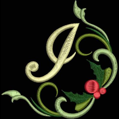 An embroidery design of an elegant letter "J" adorned with green foliage and bright red berries.