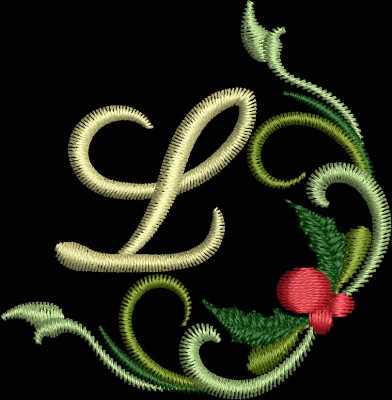 An embroidery design of a stylized letter "L" surrounded by elegant green swirls and a small red berry.