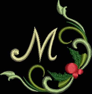 An embroidery design of a stylized letter "M" adorned with green leaves and a red berry.