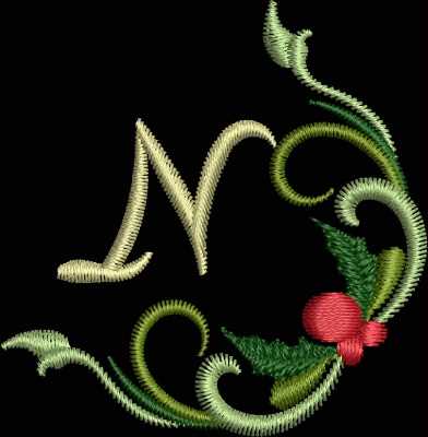 An embroidery design of an elegant letter "M" adorned with intricate green swirls and a red berry.
