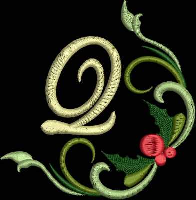 An embroidery design of a decorative letter "Q" adorned with swirling green vines and red berries.