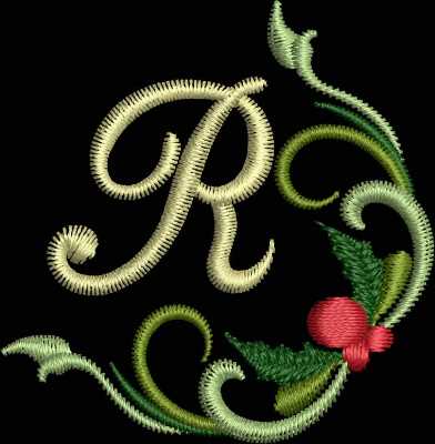 An embroidery design of an elegant letter "R" entwined with floral motifs in green and red.