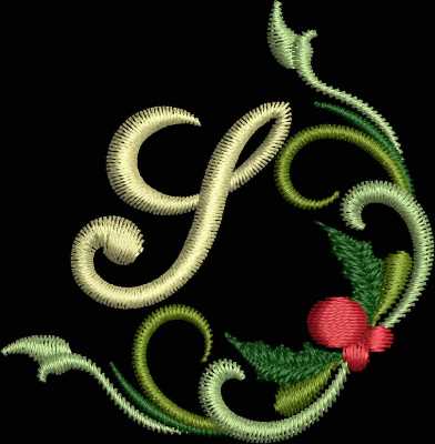 An embroidery design of a stylized letter "S" elegantly adorned with swirling green vines and a red berry accent.