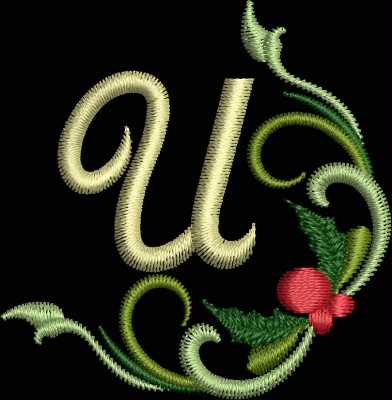An embroidery design of the letter "U" adorned with an elegant arrangement of green vines and a red berry accent.