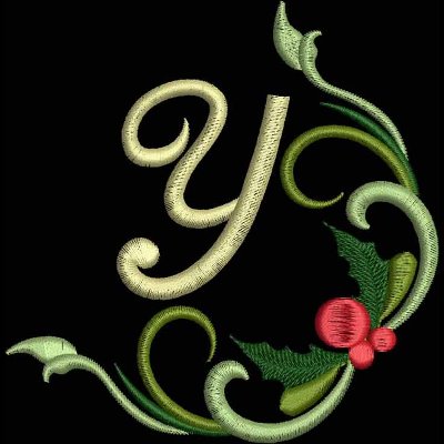 An embroidery design of an ornate letter "Y" surrounded by green vines and holly leaves with red berries.