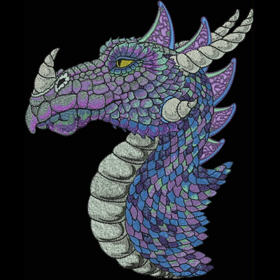 An embroidery design of a majestic dragon's head featuring intricate scales in shades of purple and blue, complemented by striking horns and piercing eyes.