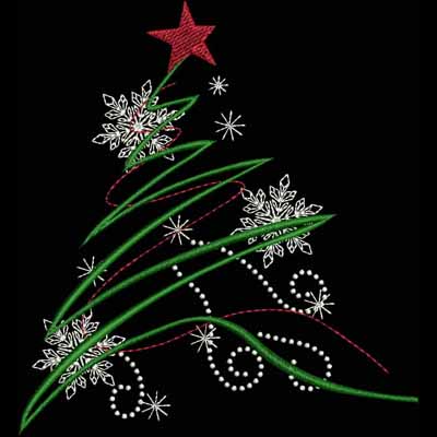 An embroidery design of a stylized Christmas tree adorned with a red star, white snowflakes, and decorative swirls.