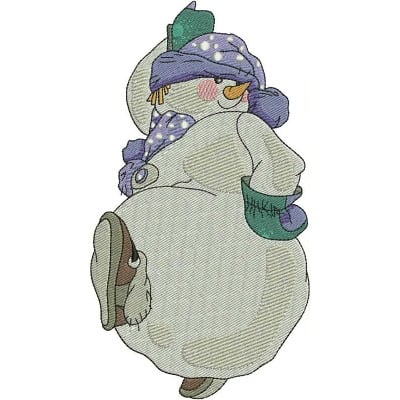An embroidery design of a cheerful snowman wearing a scarf and a hat, striking a playful pose with one leg raised.