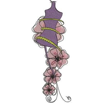 An embroidery design of a stylish dress form adorned with blooming flowers and decorative ribbons.
