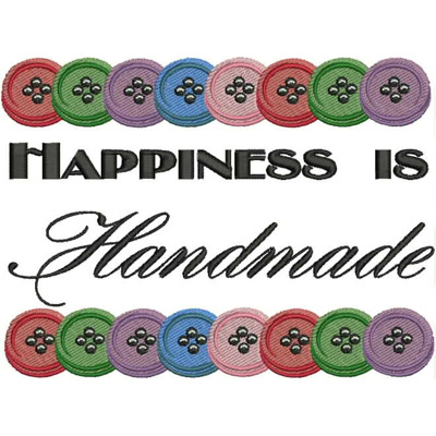 An embroidery design of colorful buttons arranged in a row above the text "Happiness is Handmade" in a decorative font.