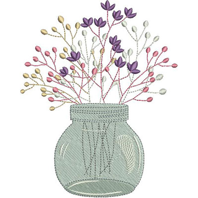 An embroidery design of a jar filled with delicate floral stems in shades of purple, pink, and gold.