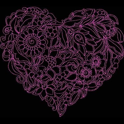 An embroidery design of an intricate heart shape filled with floral motifs and swirling leaves.