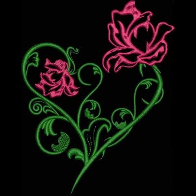An embroidery design of two pink roses intertwined with green decorative vines, forming a heart shape.