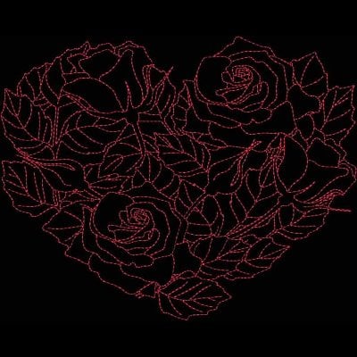 An embroidery design of intertwined roses arranged in the shape of a heart.