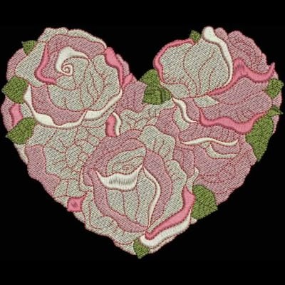 An embroidery design of a heart shape filled with intricately stitched pink roses and green leaves.