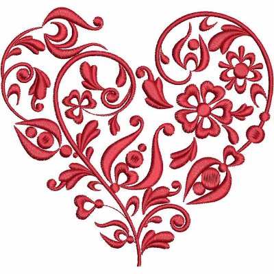 An embroidery design of a decorative heart filled with intricate floral patterns and swirls in varying shades of red.