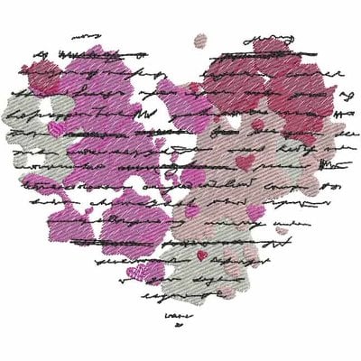 An embroidery design of a heart shape filled with vibrant shades of pink and purple, overlaid with delicate handwritten-like text.