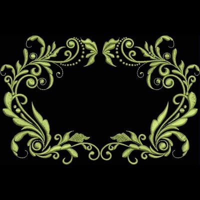 An embroidery design of elegant swirling vines and leaves, adorned with decorative swirls and beads, creating a sophisticated frame.