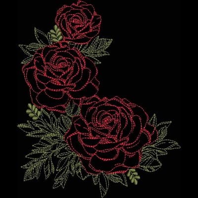 An embroidery design of three intricately detailed red roses surrounded by green leaves and buds.