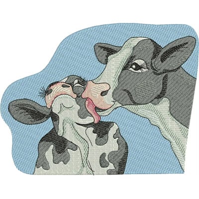 An embroidery design of a mother cow affectionately nuzzling her calf, showcasing their close bond.
