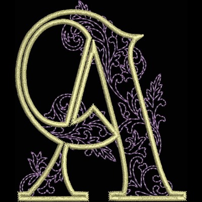 GSA_ASingle_5x5 An embroidery design of an ornate letter "A" featuring intricate floral elements in a contrasting color.