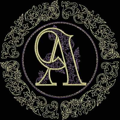An embroidery design of an ornate monogram featuring the letters "C" and "A" surrounded by decorative floral elements.
