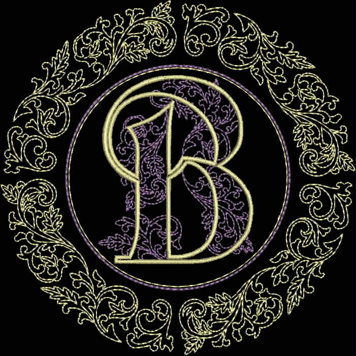 An embroidery design of an ornate circular motif featuring a prominent letter "B" surrounded by decorative floral patterns.