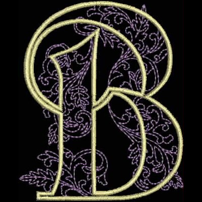 GSA_B_Single An embroidery design of an ornate letter "B" featuring intricate floral patterns in a purple thread outlined in a light yellow.