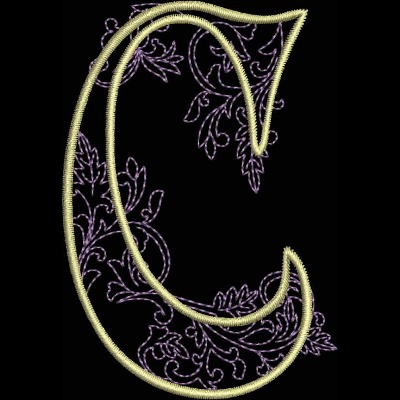 GSA_C_Single An embroidery design of the letter "C" adorned with intricate floral and leafy motifs in purple thread.
