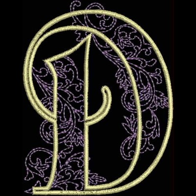 GSA_D_Single An embroidery design of an ornate letter "D" with delicate floral accents in soft lavender and yellow threads.