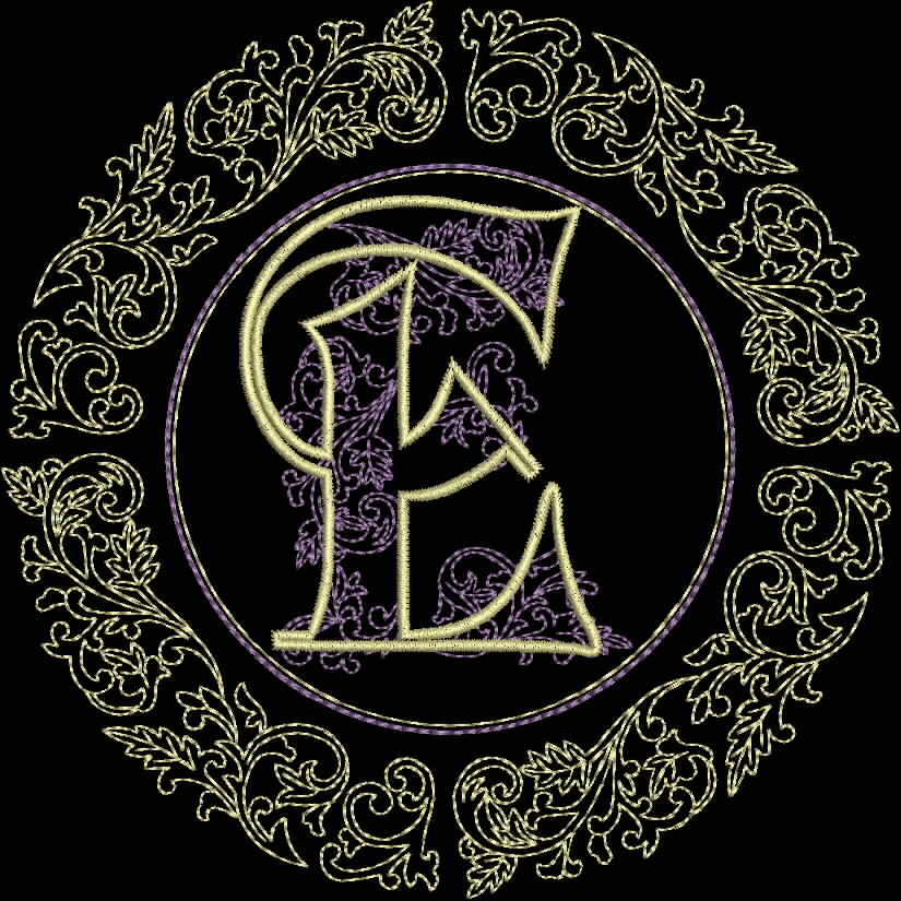 An embroidery design of an ornate letter "E" surrounded by intricate floral patterns.