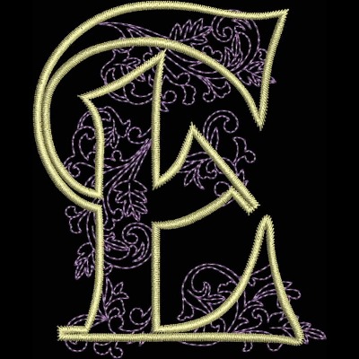 An embroidery design of a stylized letter "E" outlined in light yellow with intricate purple floral patterns woven inside.