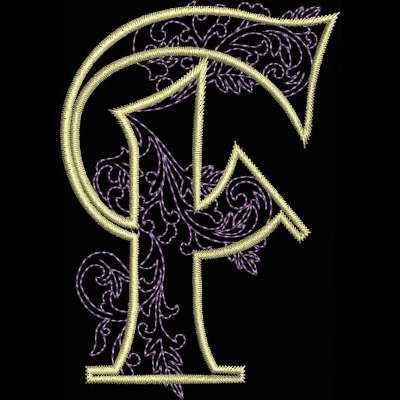 An embroidery design of a stylized monogram featuring the letters "C" and "F" intertwined with ornate floral embellishments.