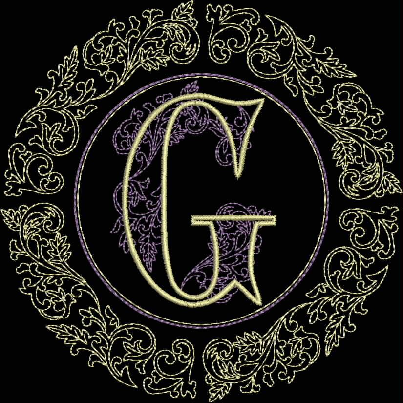 An embroidery design of a stylized letter "G" surrounded by intricate floral patterns within a circular frame.