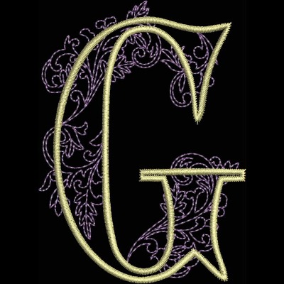 An embroidery design of the letter "G" embellished with intricate floral motifs in a contrasting color scheme.