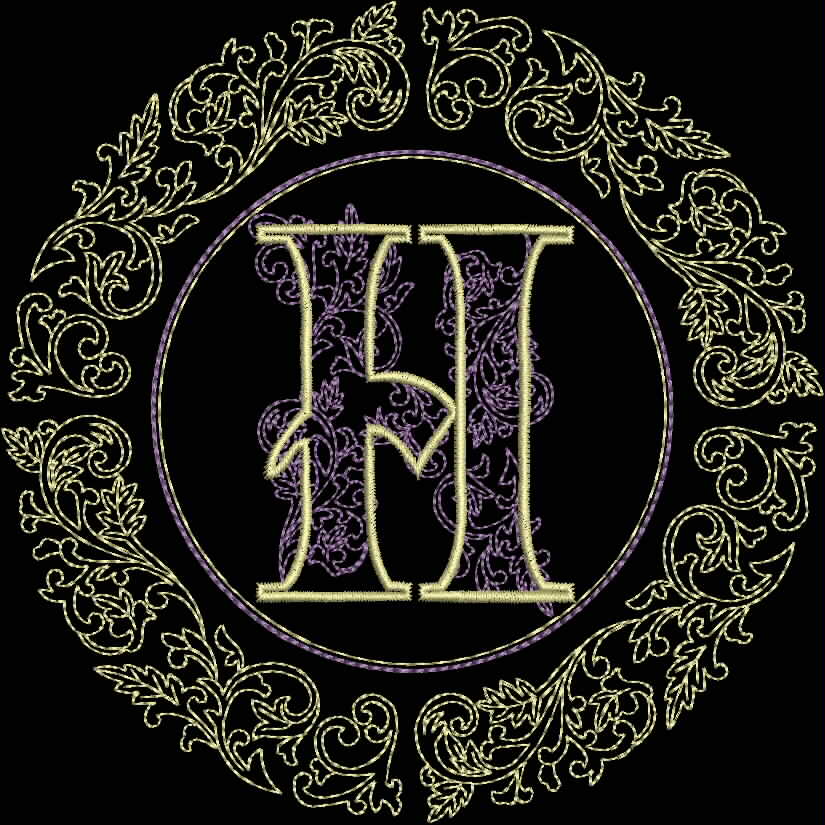 An embroidery design of a stylized letter "H" surrounded by intricate floral and vine motifs.