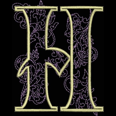 GSA_H_Single An embroidery design of a stylized letter "H" with intricate floral patterns in a contrasting color.