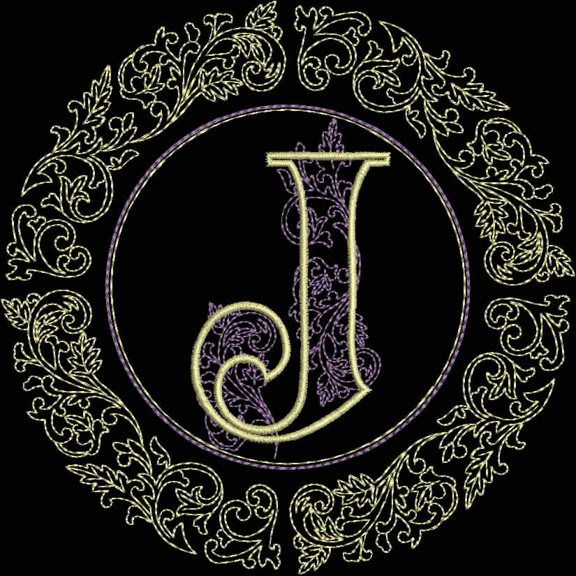 An embroidery design of an ornate letter "J" framed by an intricate circular pattern of leaves and swirls.