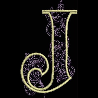 GSA_J_Single An embroidery design of an ornate letter "J" embellished with flowing floral motifs.
